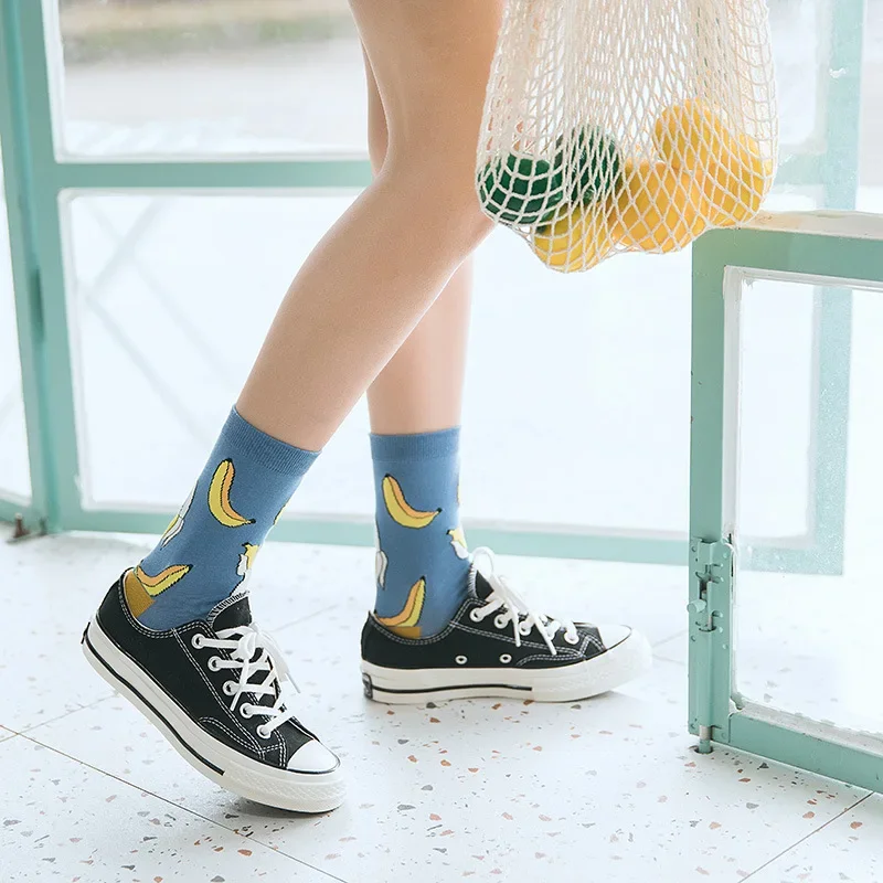 Women Funny Socks Spring Autumn Cartoon Socks Avocado Lemon Watermelon Peach Strawberry Banana Cotton Harajuku Casual Socks