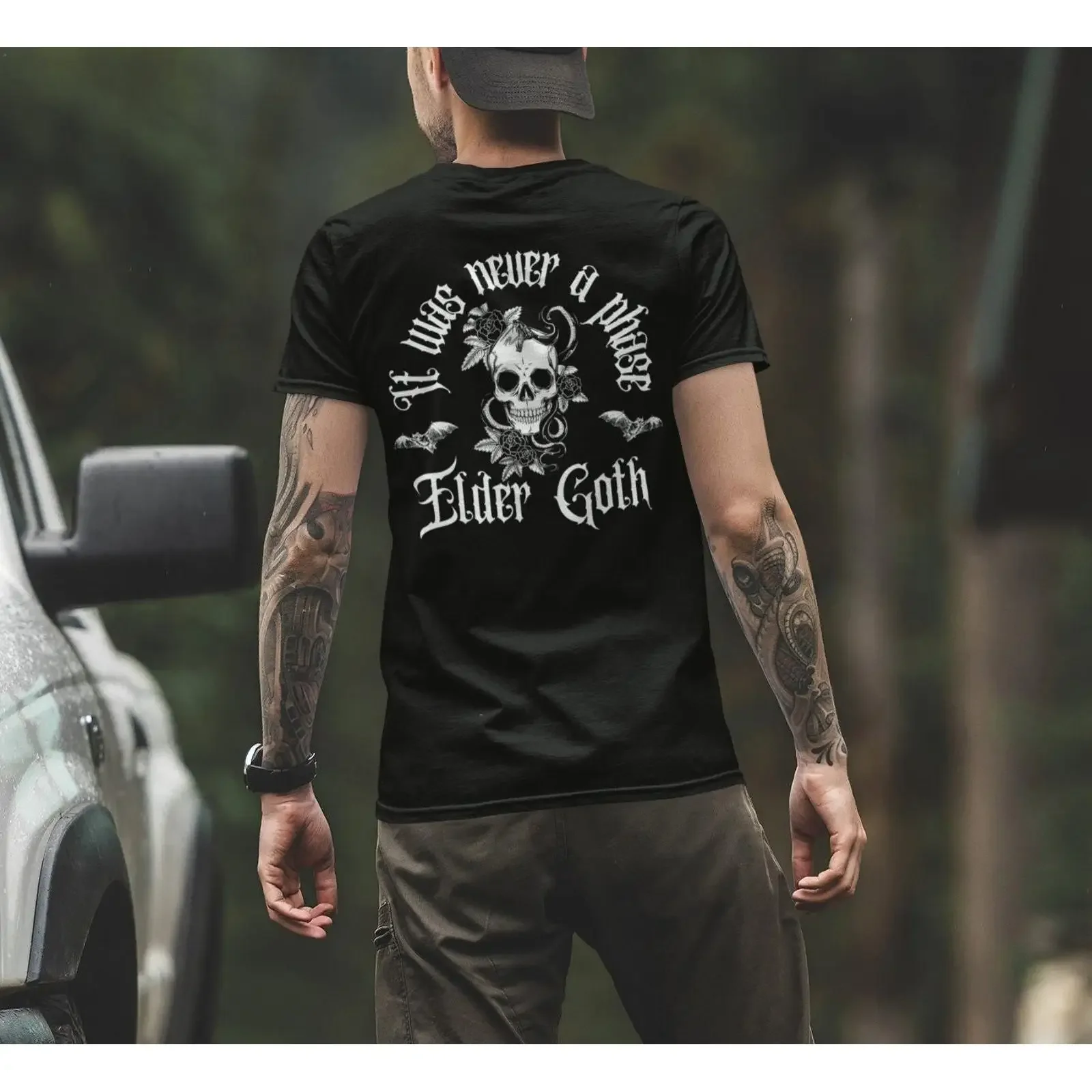 It Was Never A Phase Elder Goth  T Shirt Skull Bat Gothic Halloween for Mom Dad vintage Washed graphic Casual