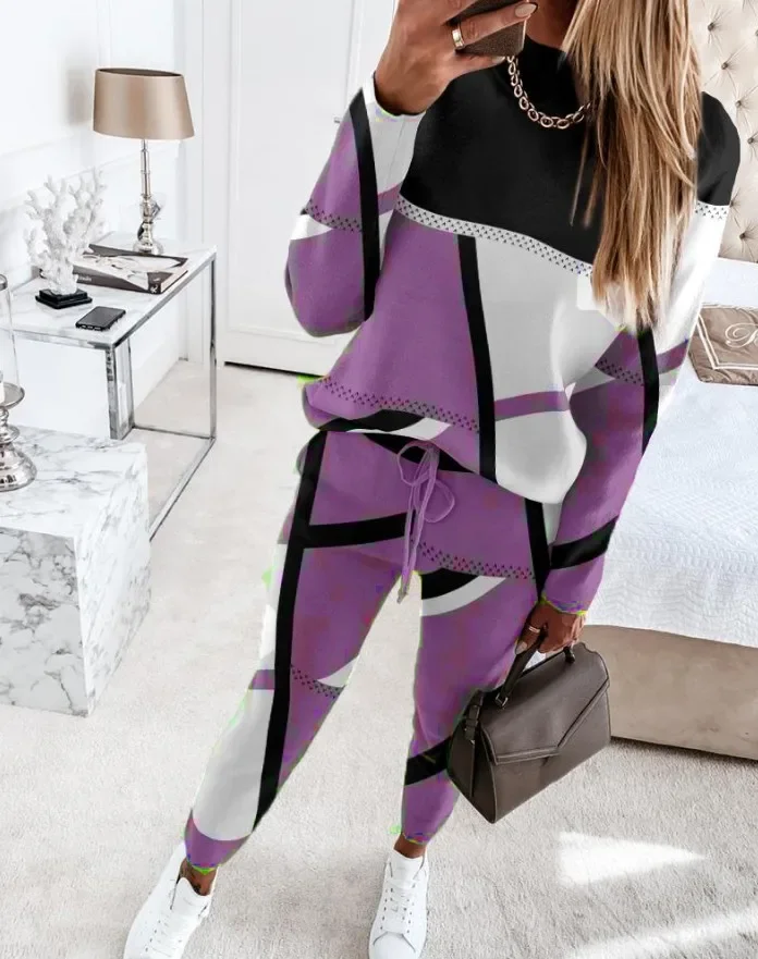 Womens Two Piece Sets Outifits Casual Geometric Print Long Sleeve O-neck Top Pullover & Fashion Drawstring Pants Set Streetwear