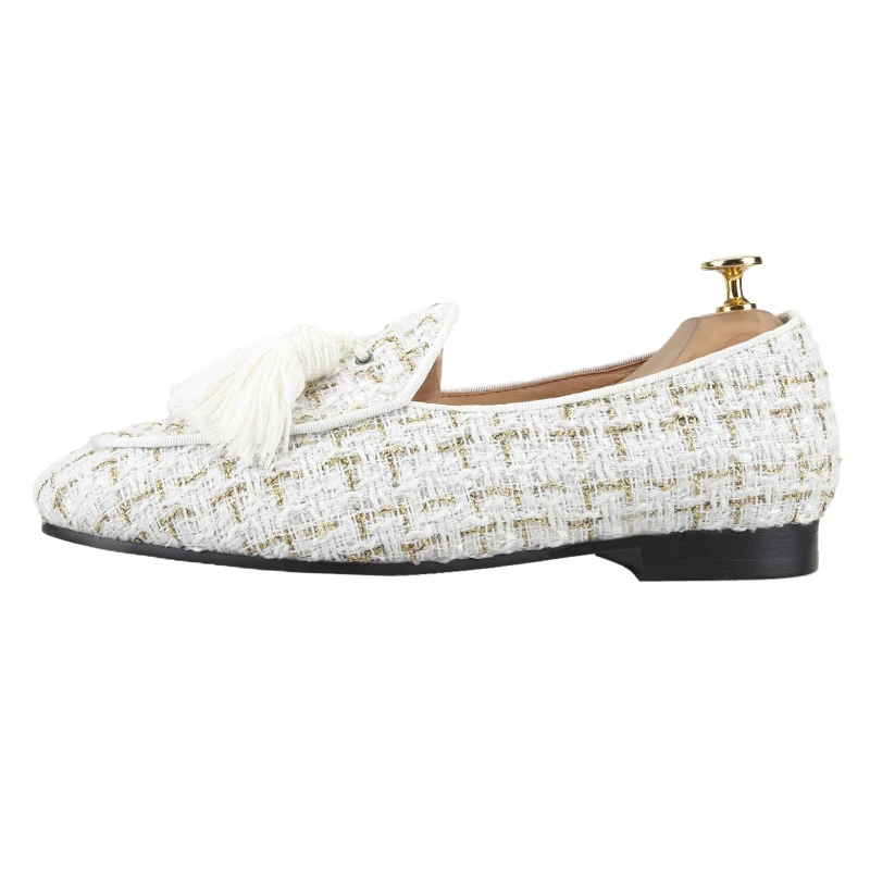 Piergitar White And Black Colors Tweed Men's Loafers With Handmade Tassels Fringe British Classic Style Slip-On Smoking Slippers