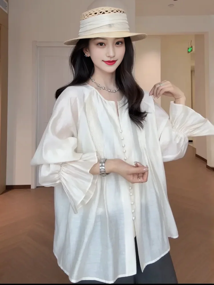 

Свободная женская рубашка с длинным рукавом и защитой от солнца, весенняя, с рукавами-колокол, фактурная, с эффектом стройности, в корейском стиле