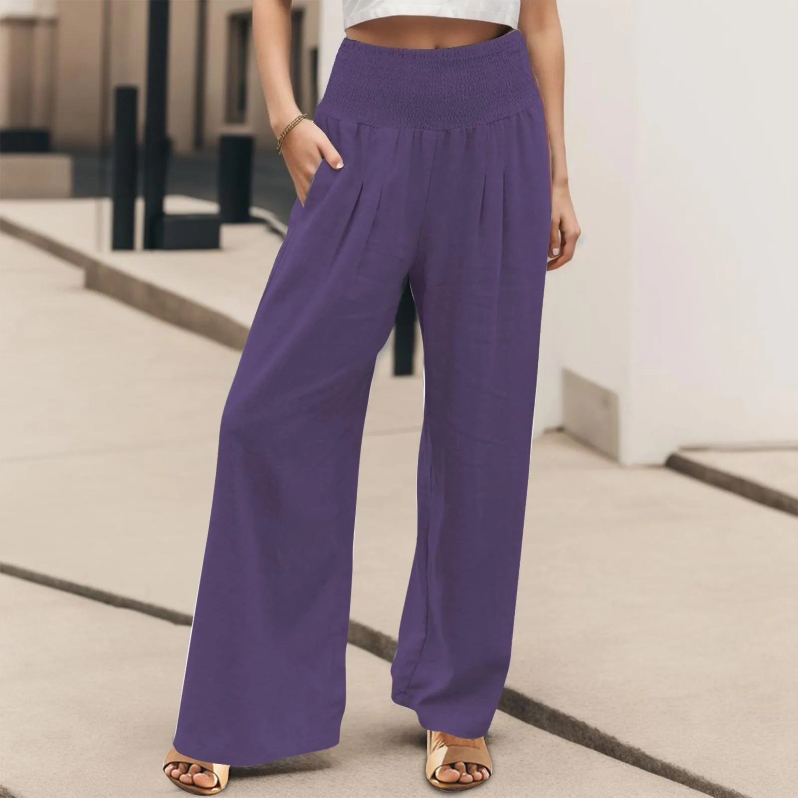 

High Waist Wide Leg Pants For Women Smocked Elastic Waist Loose Comfy Casual Pajama Pants Pockets Office Ladies Palazzo 2024