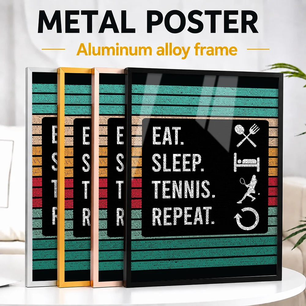 Eat Sleep Tennis Repeat Framed Metal Poster Personalized Retro Style Wall Art For Home Office, Racket Sports Enthusiast Gift