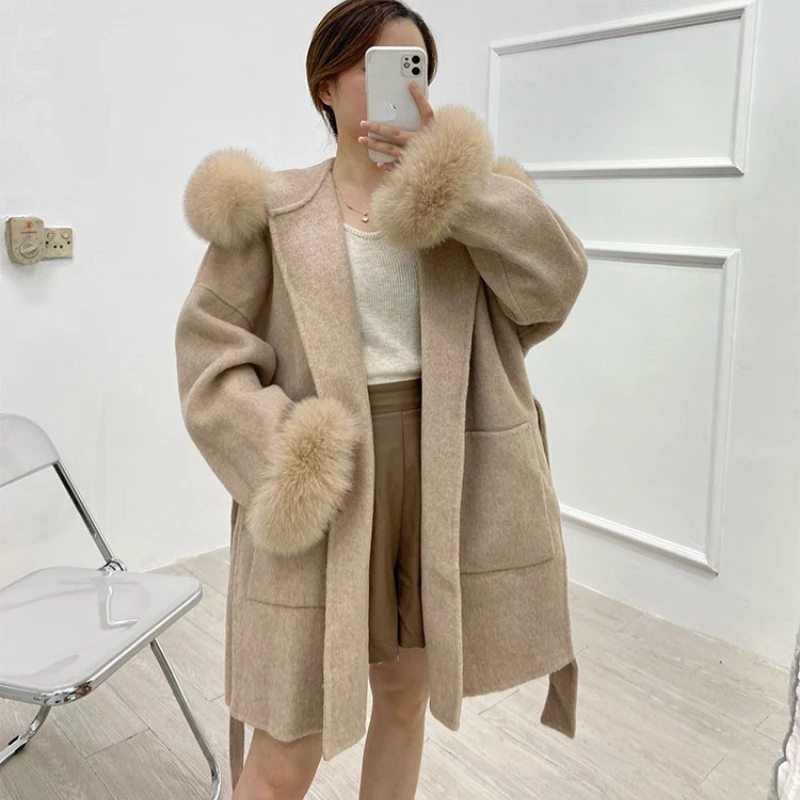 2024 Casual Winter Cashmere Coat Women Real Fur Coat Mid-length Wool Jacket Camel Black Outerwear Fox Fur Collar and Cuffs Belt