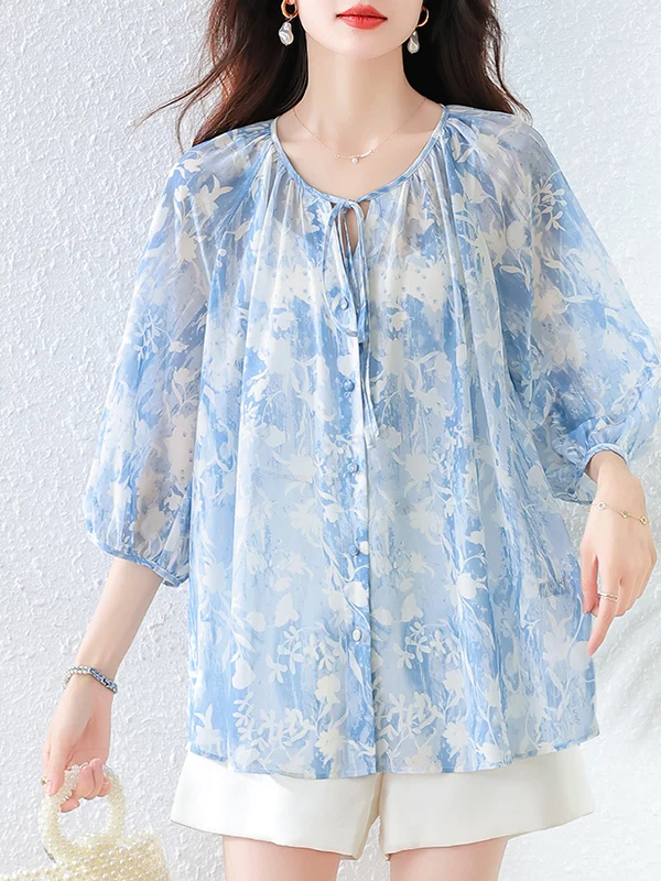 

Korean Sle Gentle Loose Floral Print f Sve irt Summer New Faion Age Reduction Versatile Small irt Commute Sle