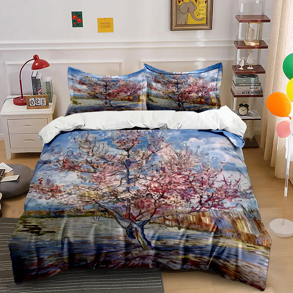 Blossoming Pink Spring Tree Bedding Set for Kids Luxury Gift 3pcs Digital Print Comforter Set Soft Comfortable Breathable