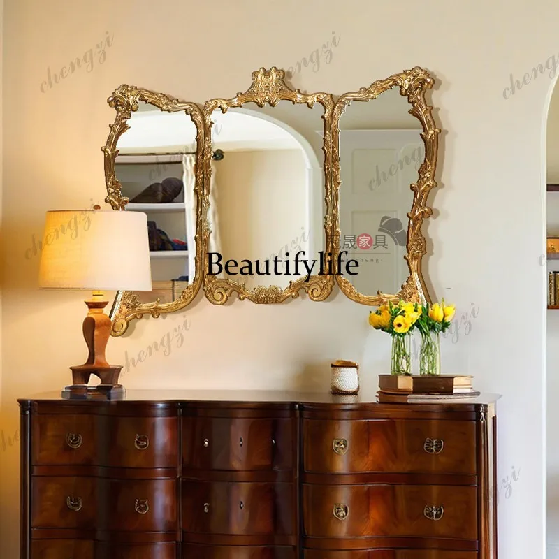 French retro tri-fold bathroom mirror living room wall hanging carved special-shaped mirror bedroom dresser folding mirror