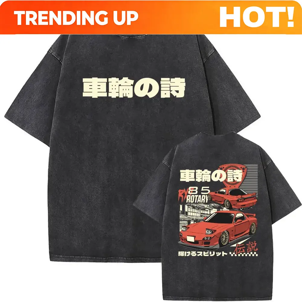 Customization Anime Initial D Drift AE86 Washed Vintage Print T-shirt RX-7 R34 Skyline GTR JDM T-shirts Men's Harajuku Cozy Over