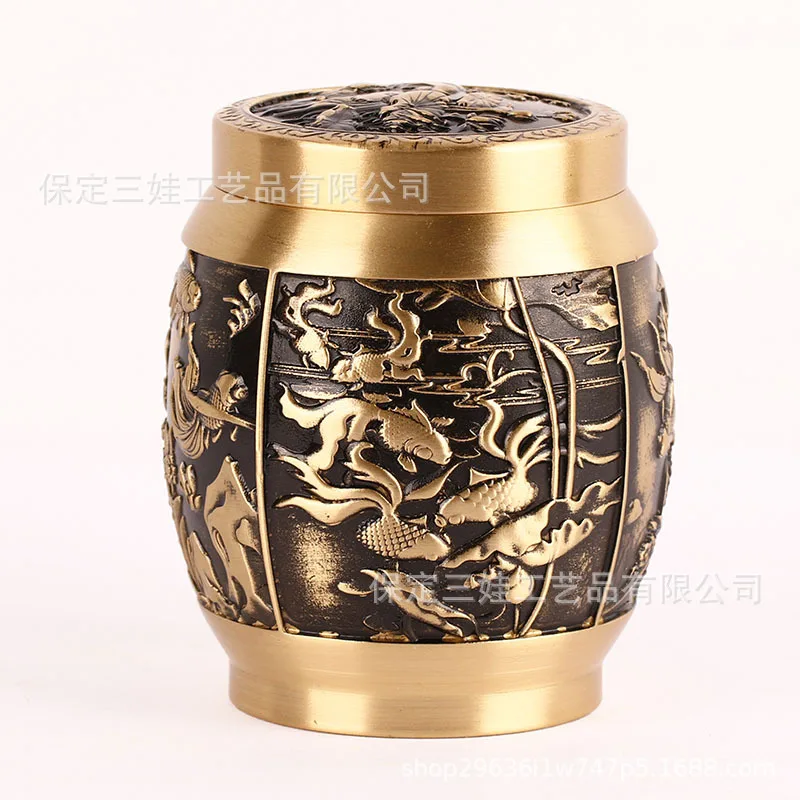 Brass Chinese Tea Canister Home Living Room Office Craft Ornament