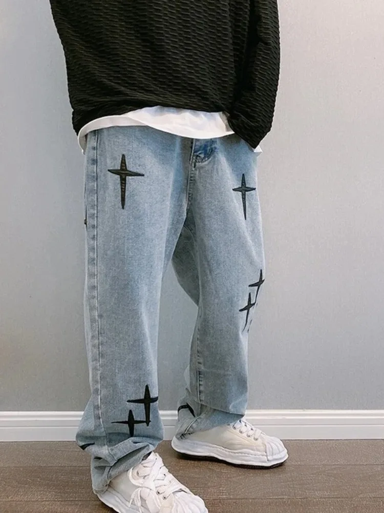 Vintage Gothic Men Straight Loose Jeans Star Printed Men High Street Denim Trousers Y2K Summer Spring Streetwear pantalon homme
