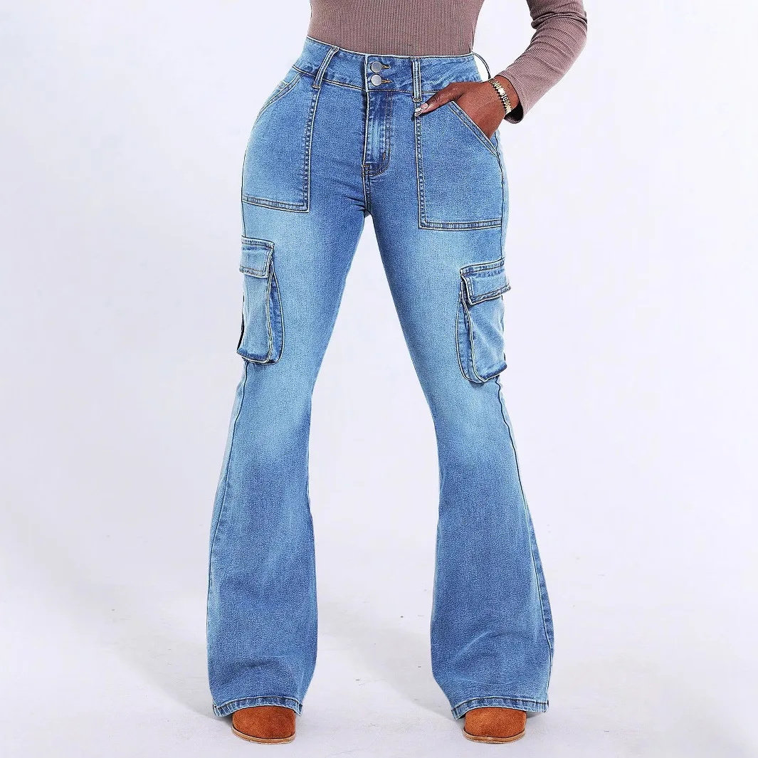 Europa Amerika Nieuwe gewassen jeans met meerdere zakken. Vier seizoenen nieuwe modieuze casual micro-uitlopende werkkledingjeans voor dames