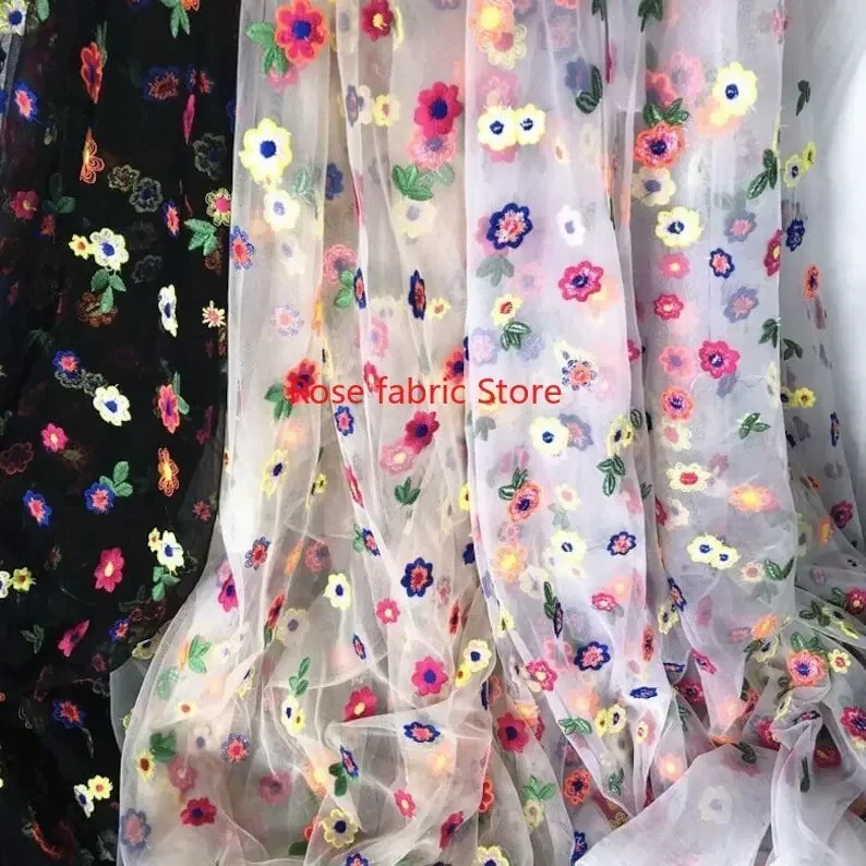 Colorful flower embroidery lace fabric floral white beige black soft tulle for wedding dress girl dress Veil 51" width 1 yard