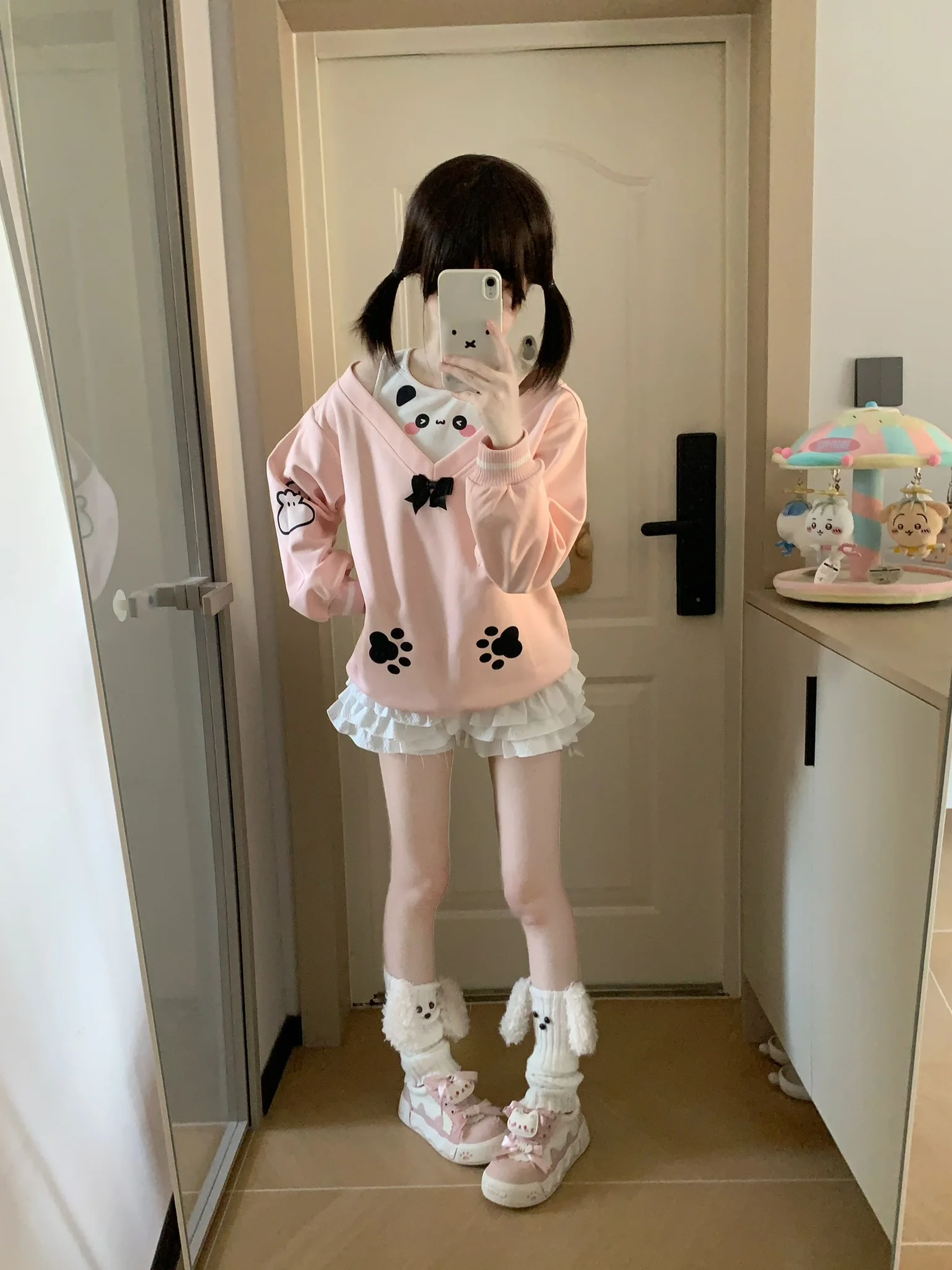 Original Girls Fake Two-Piece Cute Panda Off Shoulder Long Sleeve Sweatshirt Female Autumn New Casual Pullover Daughters Clothes