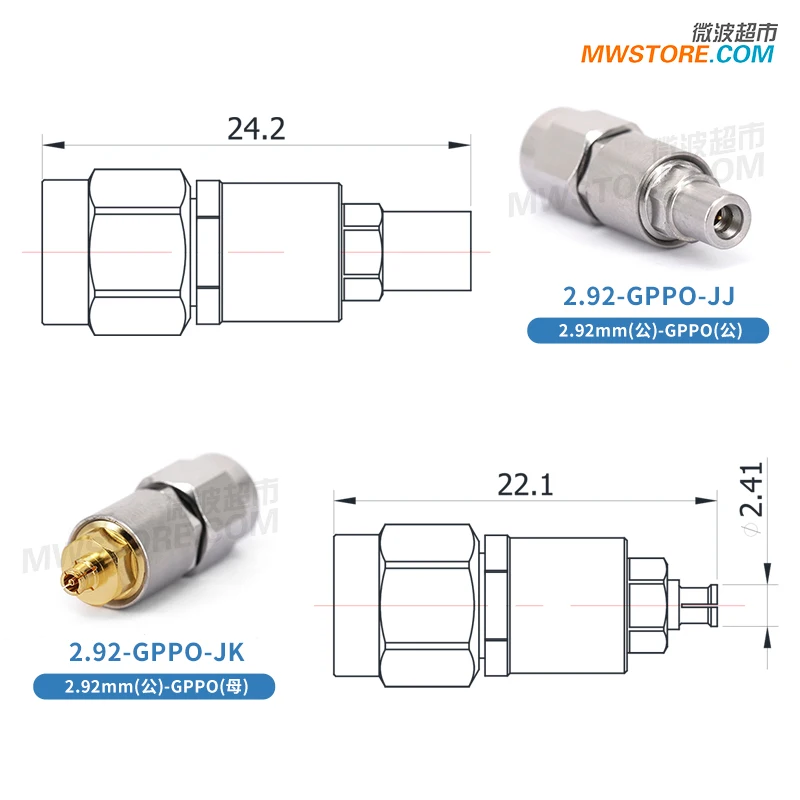 Adapter 2,92 mm na GPPO, 2,92/GPPO-JJ/JK, 2,92/GPPO-KJ/KK,