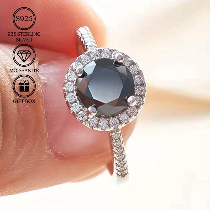 

1pc 1/2Carat 925 Silver Black Round Moissanite Ring, It Is An Elegant Ring That Suitable for Birthday Party Jewelry Gift.