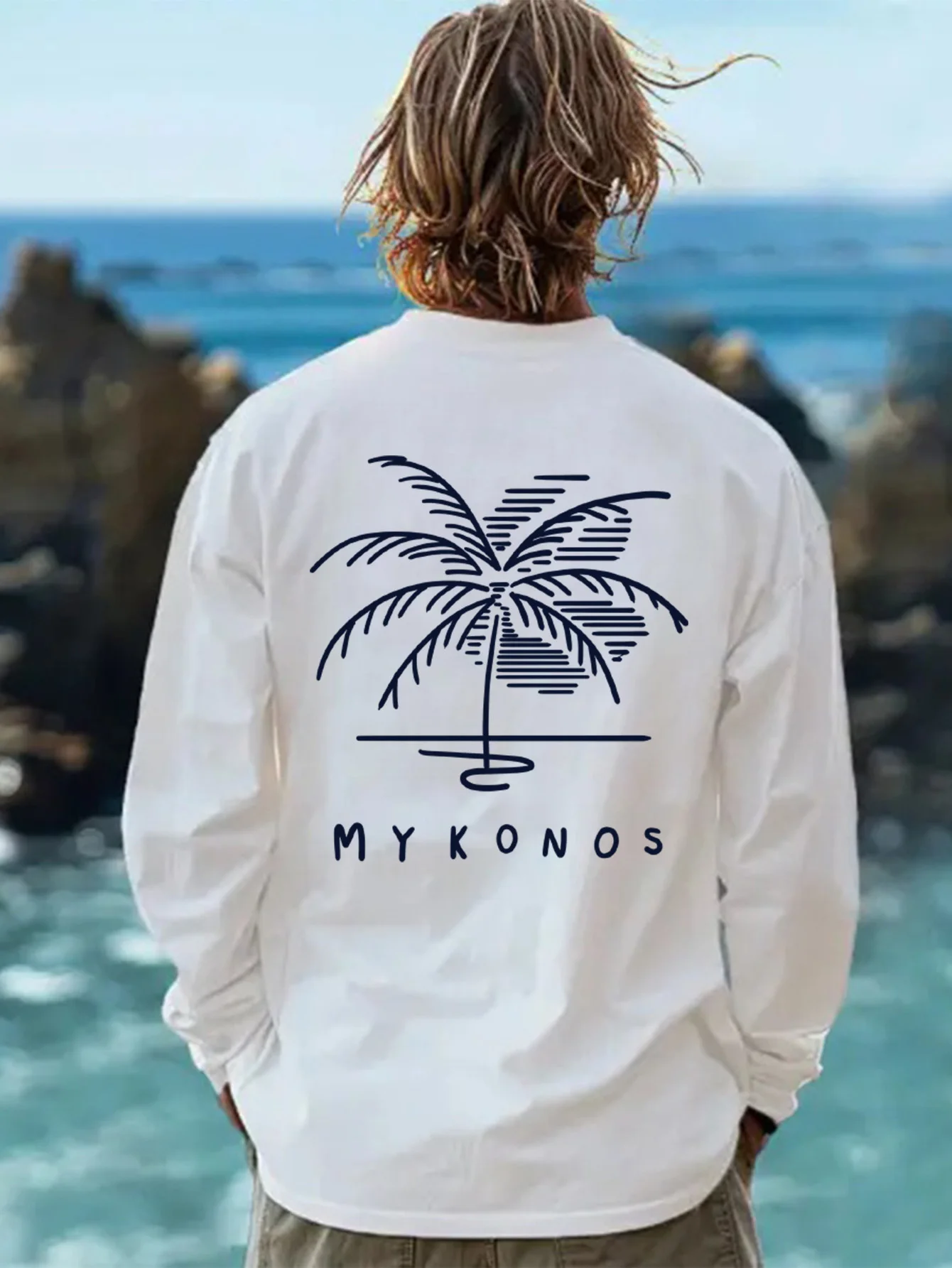 

Осень/зима 2022, мужская повседневная удобная футболка с длинным рукавом и принтом кокосовой пальмы, топ с круглым вырезом, которую можно стирать в машине