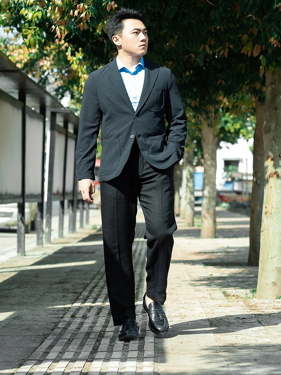 Lente en zomer zwart linnen Parijs knop casual broek heren Slanke micro-taper enkele plooi veelzijdig kan groot worden aangepast