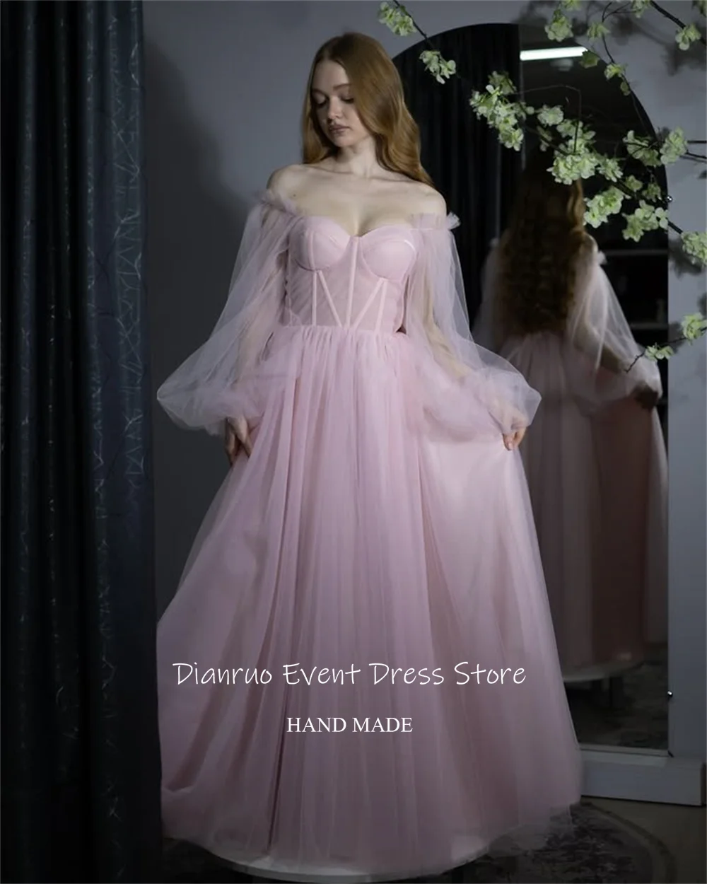 فستان سهرة أنيق على شكل حرف A من Dianruo بدون أكتاف وردي من التل رداء نسائي ساحر على شكل قلب فساتين حفلات مخصصة