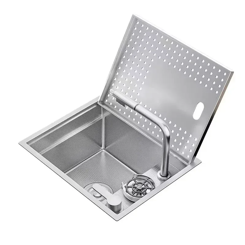 Mini Single Bowl Square Stainless Steel Kitchen Faucet with Hidden Pull Out Sprayer Counter Top Single Hole Installation