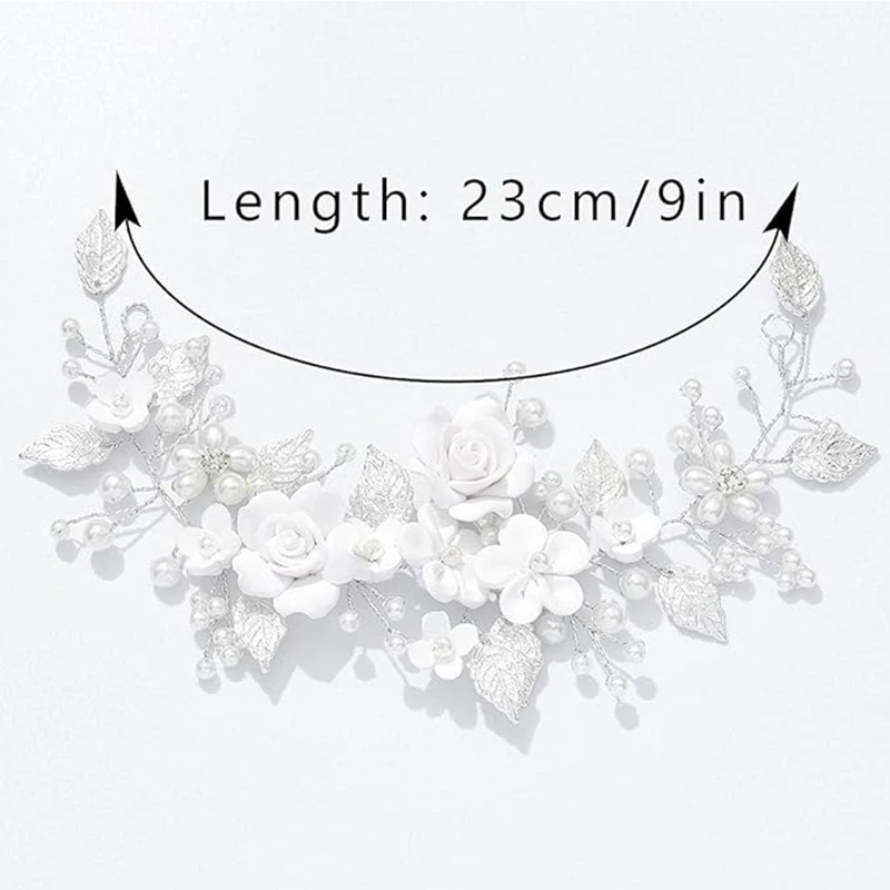Flower Bride Wedding Hair Rattan Pearl Hair Leaf Hair Accessories Rhinestone Headband for Women and Girls (9 ")(Silver) image 5