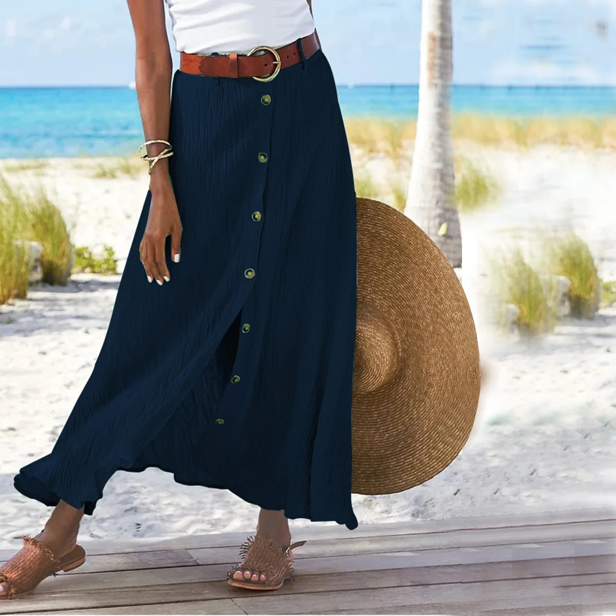 Summer Women's Skirt Cotton Linen Important Button Slit Flower Print Fashion Versatile Vacation Beach Midi Skirt