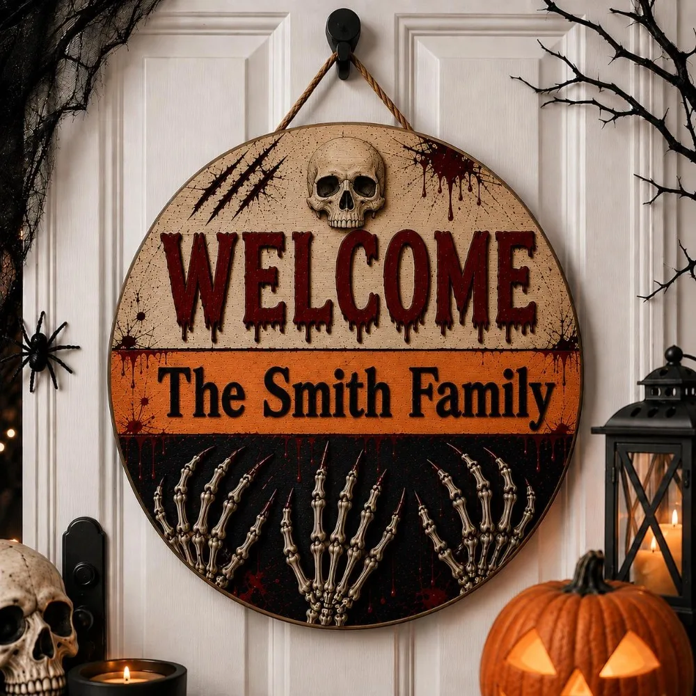 CIFbuy Custom Round Halloween Metal Plaque, Personalized Family Name Skull Skeleton Hand Blood Splash Wall Ornament (Only