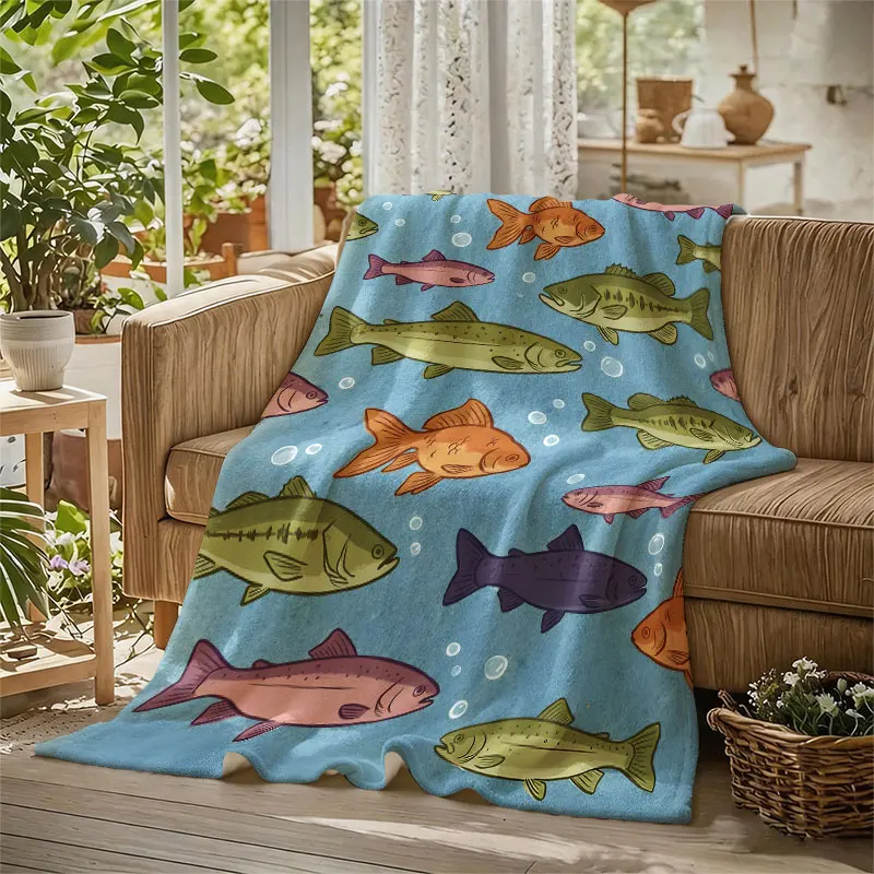Fish Bubbles Stars Blue Flannel Blanket Perfect for Sofa Office Bed Travel Sleep Read Relax Camping Four Season Use
