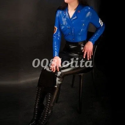 100% Latex Rubber Women Blouse Police Uniform Shirt Cosplay Wrapped Buttocks Black Skirt 0.4mm