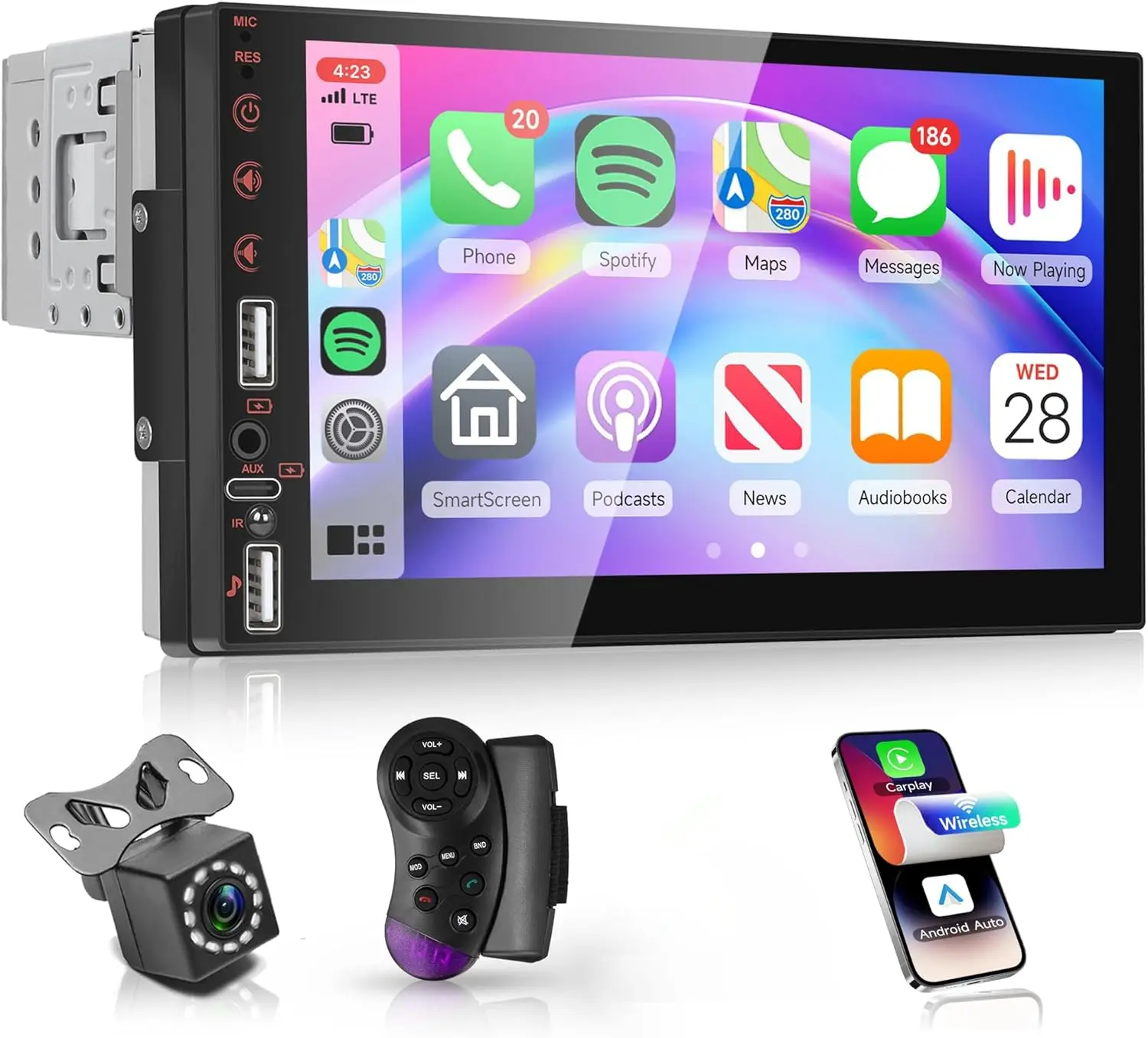 Estéreo para automóvil de 7' con CarPlay inalámbrico y Android Auto, Bluetooth, YouTube, FM, tipo C, USB, cámara de respaldo