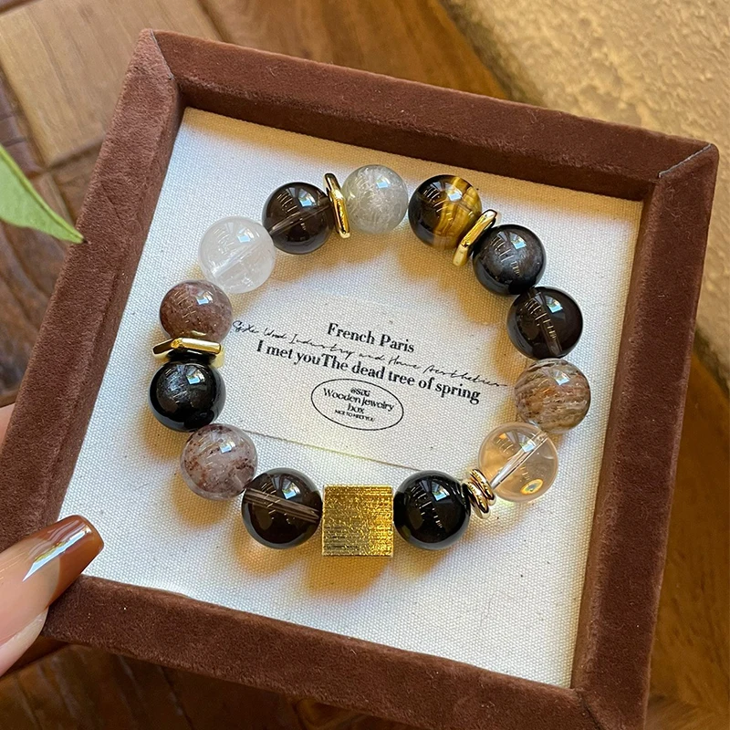 14mm natural obsidian, white crystal, yellow tiger eye stone bracelet for men and women, wealth transfer, couple bracelet