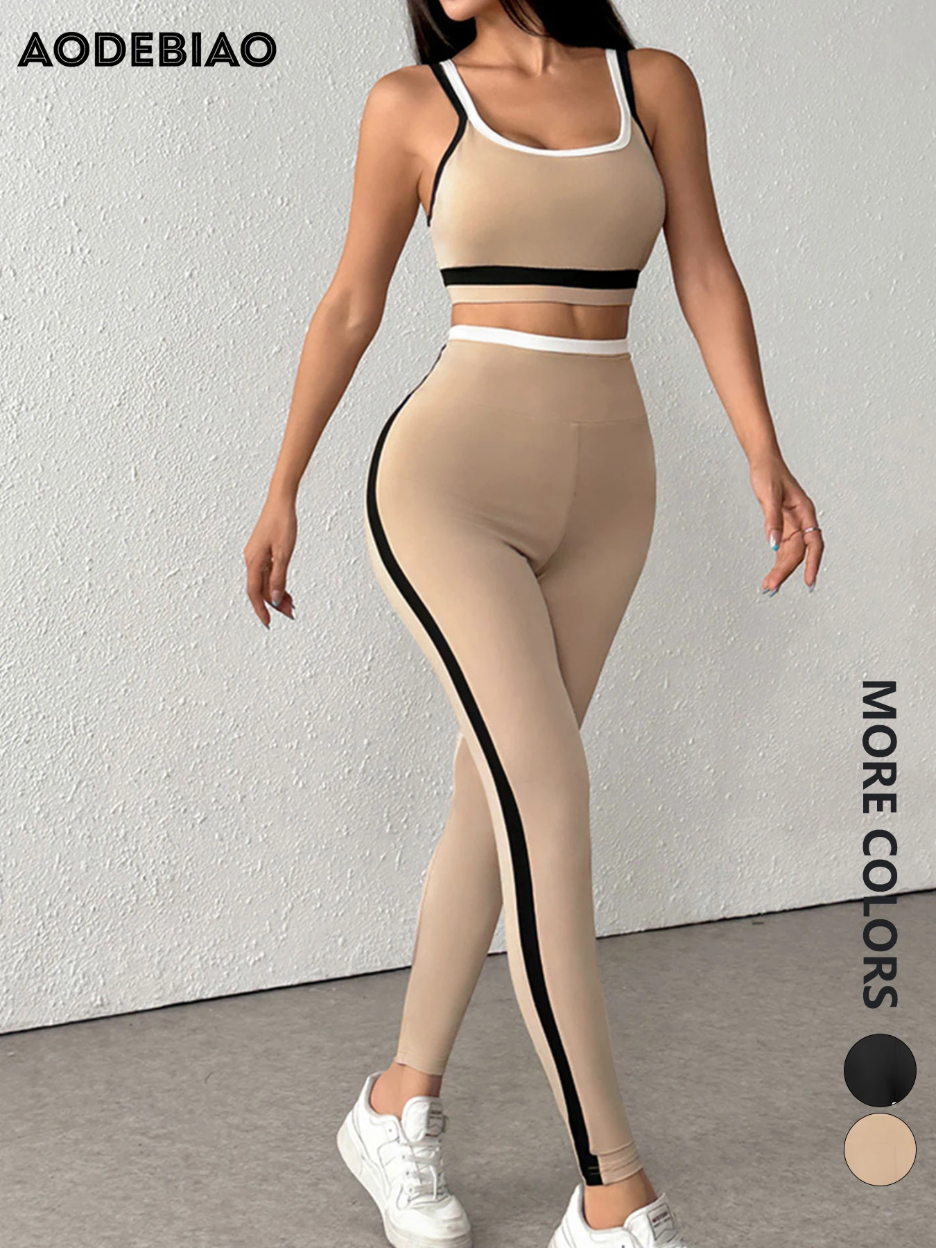 

AODEBIAO Sports Yoga Women 2 Piece Set Solid Sleeveless Camis Fitness Trousers Black Summer Crop Top Pants Two Piece Set Women