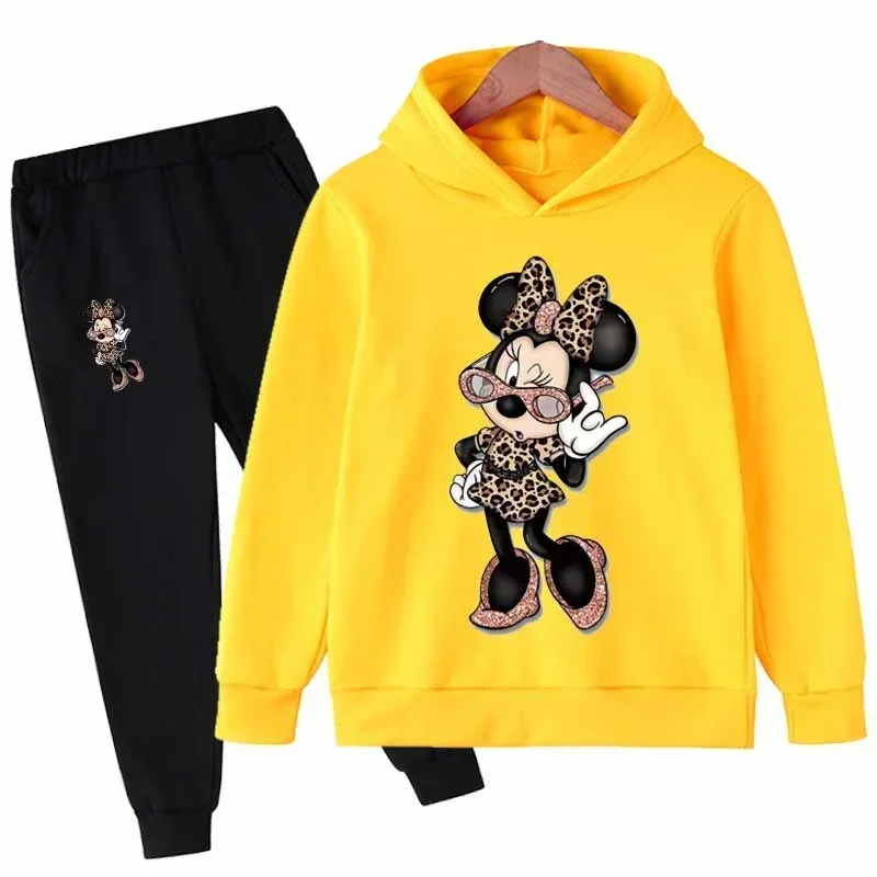 Traje de Mickey y Minnie Mouse para niñas, Sudadera con capucha de manga larga de dibujos animados y pantalones largos, conjunto de 2 piezas, ropa