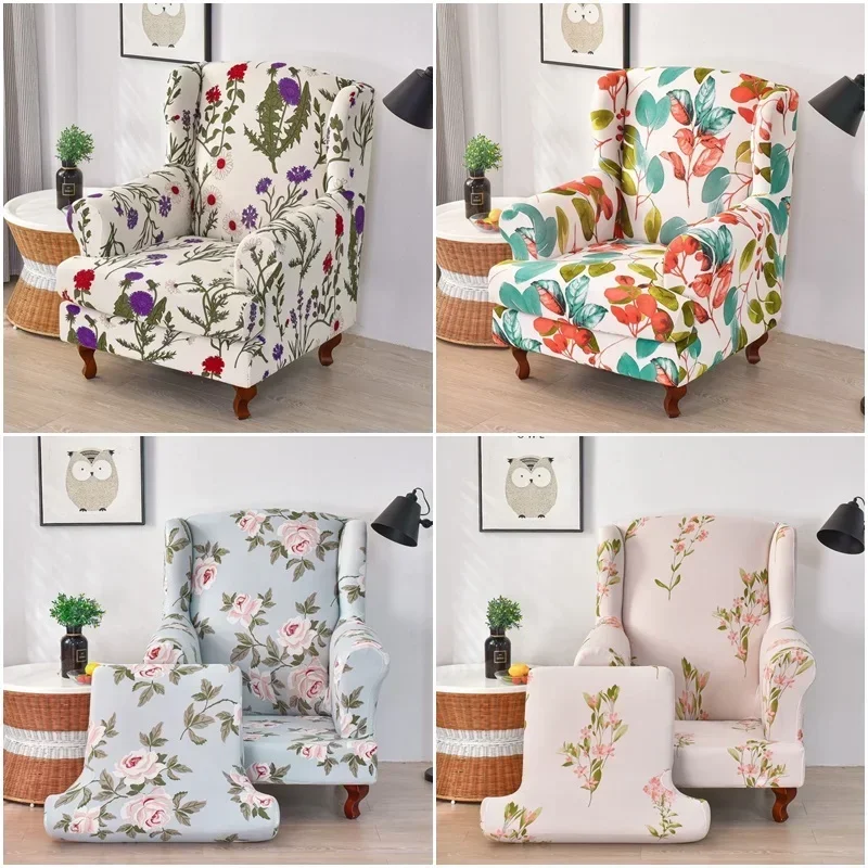 Stretch Print Wing Chair Cover Spandex Elastic Armchair Covers Europe Wingback Relax Sofa Slipcovers with  Cushion Cover