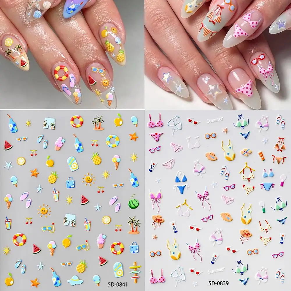 1/2Pcs 5D Embossed Beach Nail Stickers Watermelon Swim Ring Star Self Adhesive Decals for Summer Seaside Vacation Manicure Decor