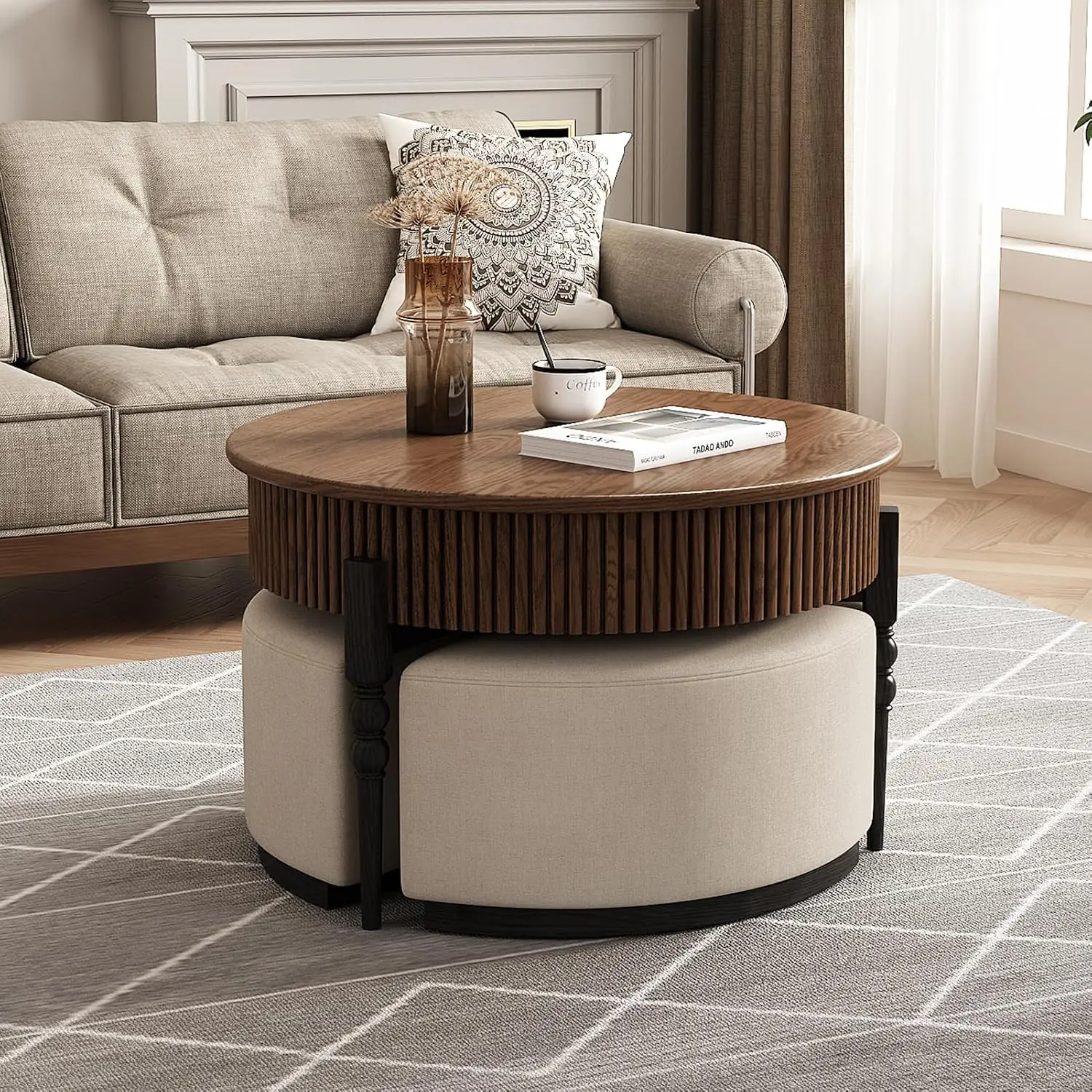 Modern Round Coffee Table Set, Walnut Finish with Storage Drawer and Stools, Living Room 2-Piece Set, Customized