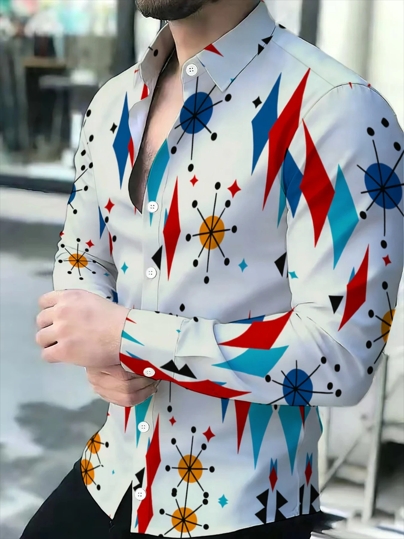 Mid Century Style Men Lapel Collar Shirt White Base Colorful Atomic Diamond Print Polyester Long-Sleeve Blouse