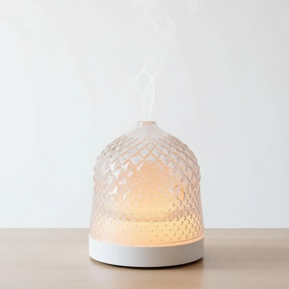 

Аромадиффузор с емкостью 200 мл, стеклянным резервуаром и белым пластиковым основанием, автоматический таймер с функцией блокировки цвета, 7-цветная подсветка для дома и офиса