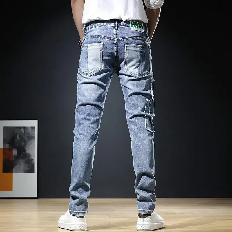 Male Cowboy Pants Trousers Straight With Pockets Summer Men's Jeans Soft 2024 Fashion Premium Wide Leg Harajuku Aesthetic