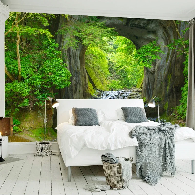 Custom 3D Photo Wallpaper Murals Green Forest Cave Scenery Living Room Bedroom Background Wall Mural Non-woven Wallpaper Decor