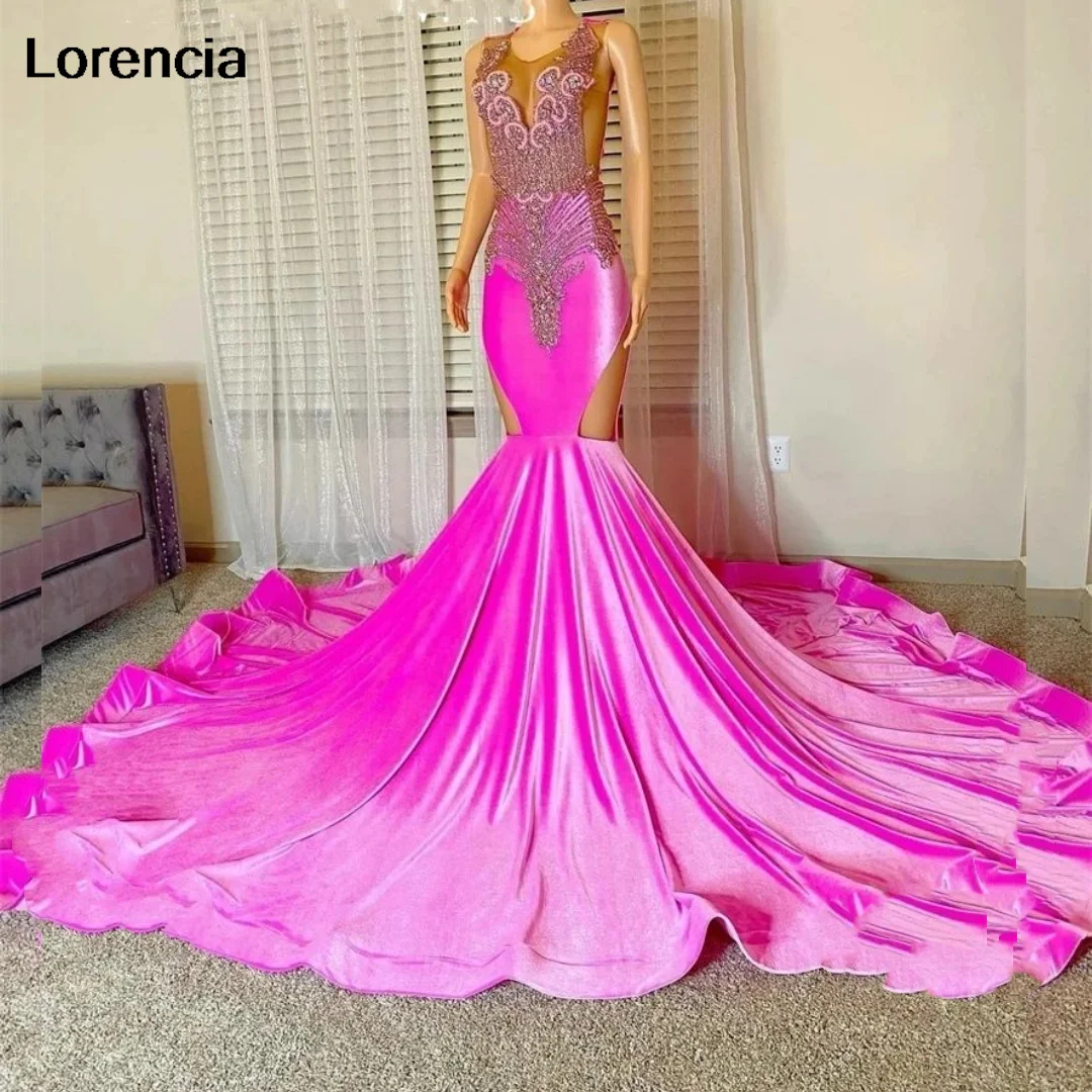 Lorencia Pink Beaded Crystal Long Mermaid Prom Dress per Black Girls O Neck Birthday Party Gowns Mermaid Robe De Soiree YPD64