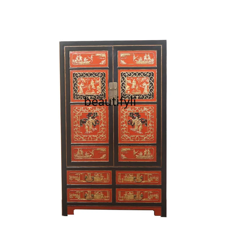 

Chinese retro all-solid wood gold-painted entrance cabinet, locker, old bookcase, antique wardrobe