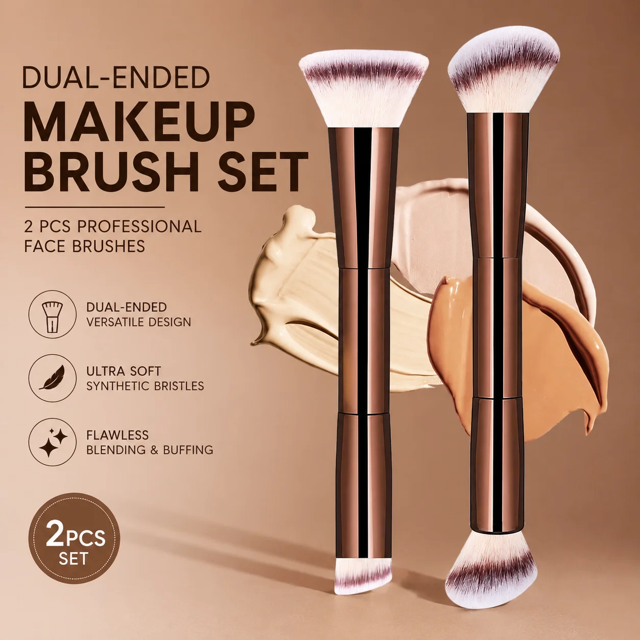 2pcs Dual-Ended Makeup Brush Set – Foundation & Blush, Soft Fibers, Travel-Friendly, Precise Application Beauty Tools