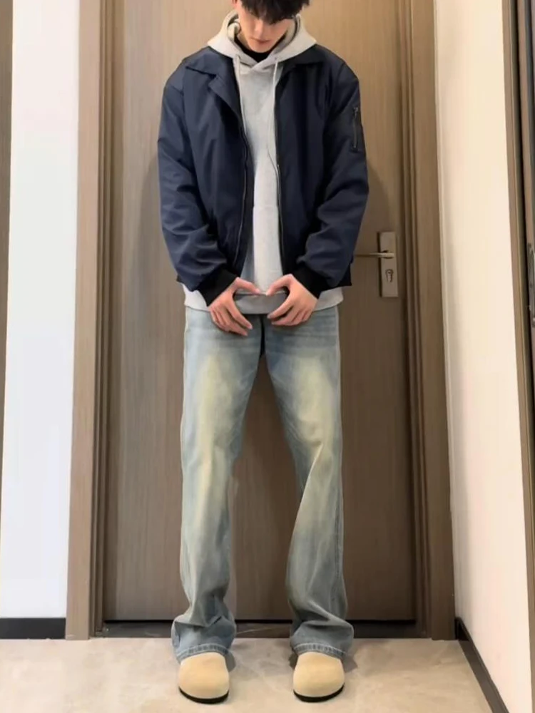 

Мужские джинсы-клеш с высокой талией, прямым кроем, поясом, в американском стиле, дышащие, комфортные, модные, для молодежи