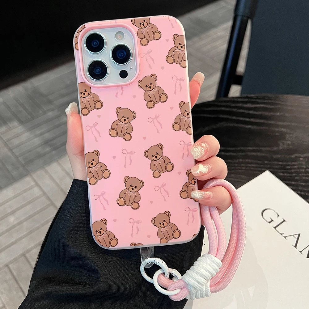 Ribbon Bow Teddy Bear Jelly Phone Case For Xiaomi 14 T 17 Pro Max 15T Pro Mi 11 Lite 5G Soft SIlicone Matte With Lanyard Cover