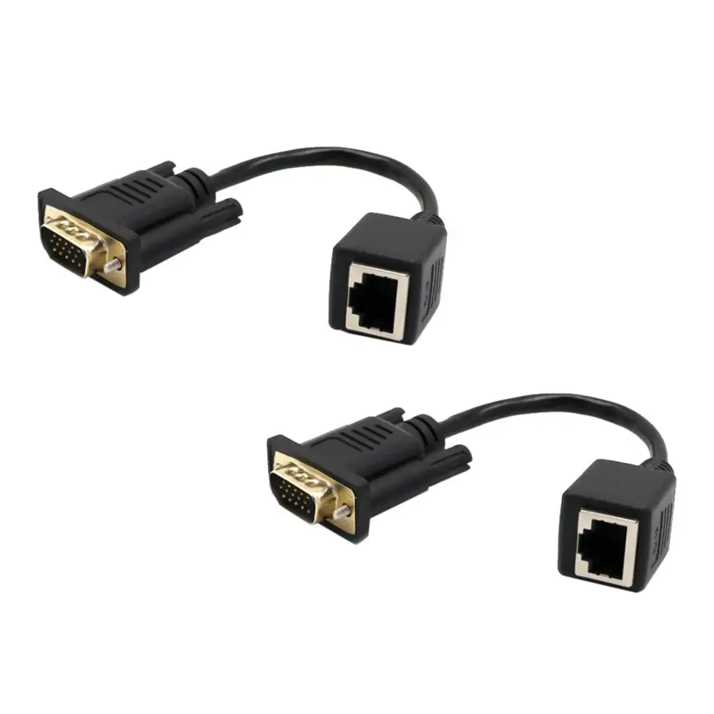 2xVGA 15pin Male Extender To Lan Cat5 Converter Ethernet Female Adapter