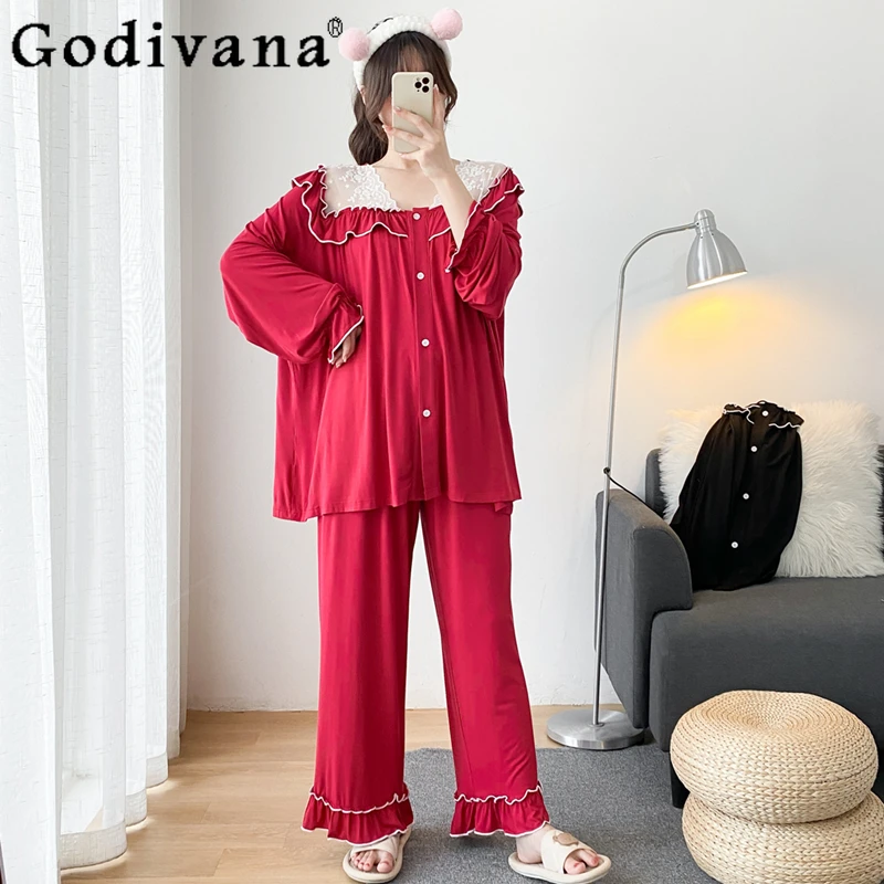 

2025 New Temperament V-neck Lace Women's Long Sleeve Pants Pajamas Two-piece Set Spring Autumn Loose Ruffles Modal Loungewear