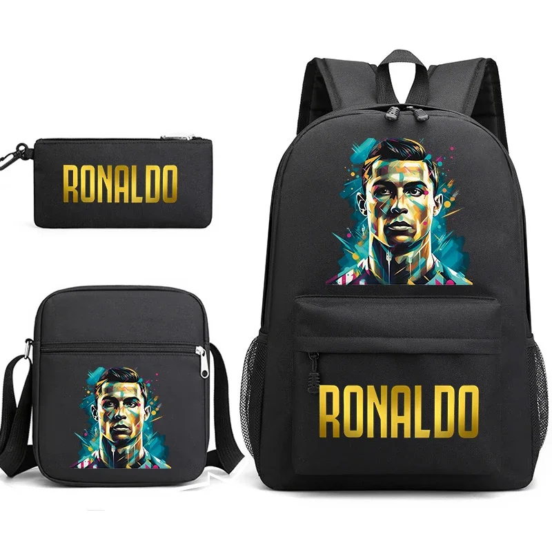 Ronaldo Print Rucksack Set Campus Student Schult asche Umhängetasche Bleistift Tasche schwarz Stil 3-teiliges Set