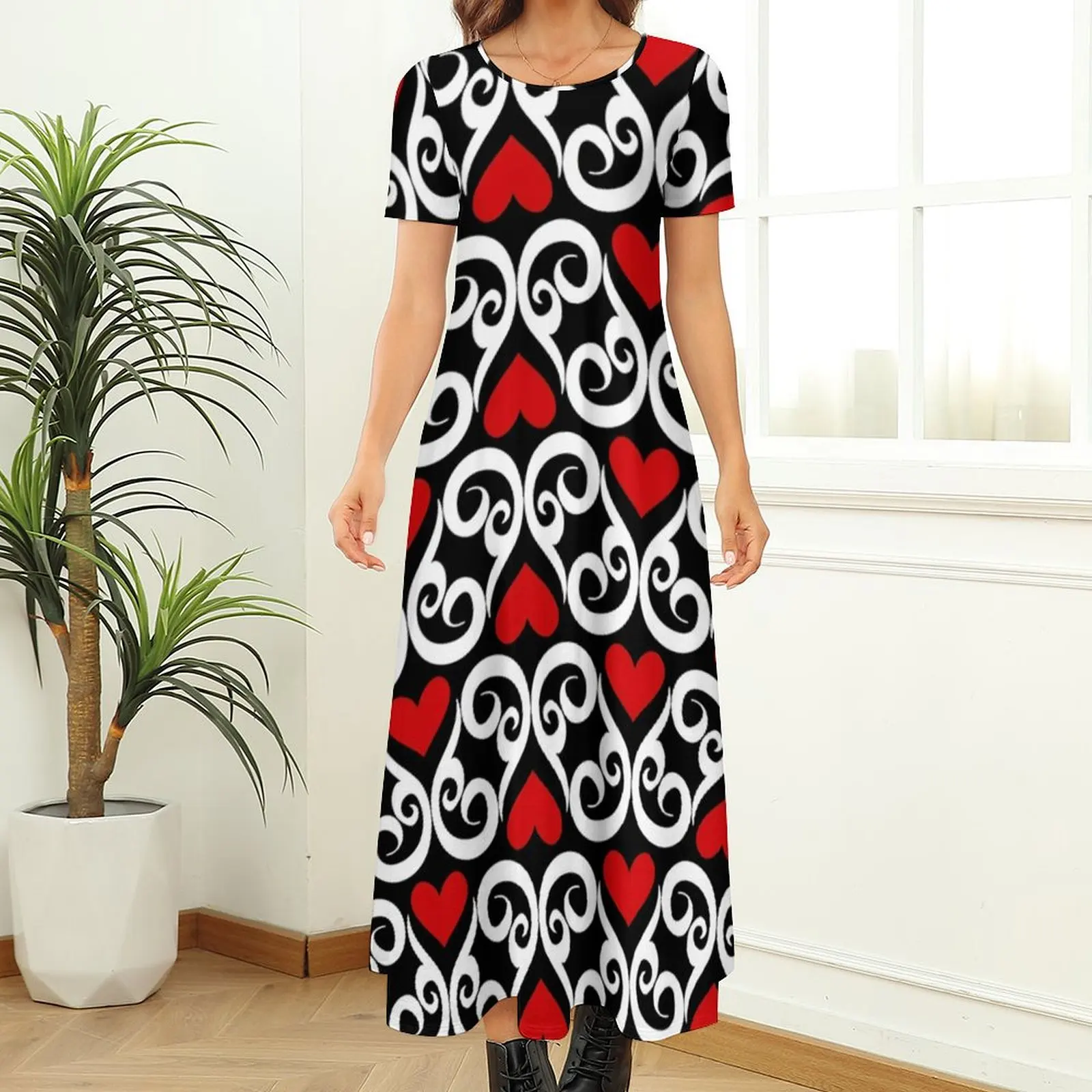 Sukienka Queen of Hearts Abstrakcyjny nadruk Vintage Maxi Sukienka z krótkim rękawem Moda uliczna Boho Długie sukienki plażowe Lady Odzież graficzna