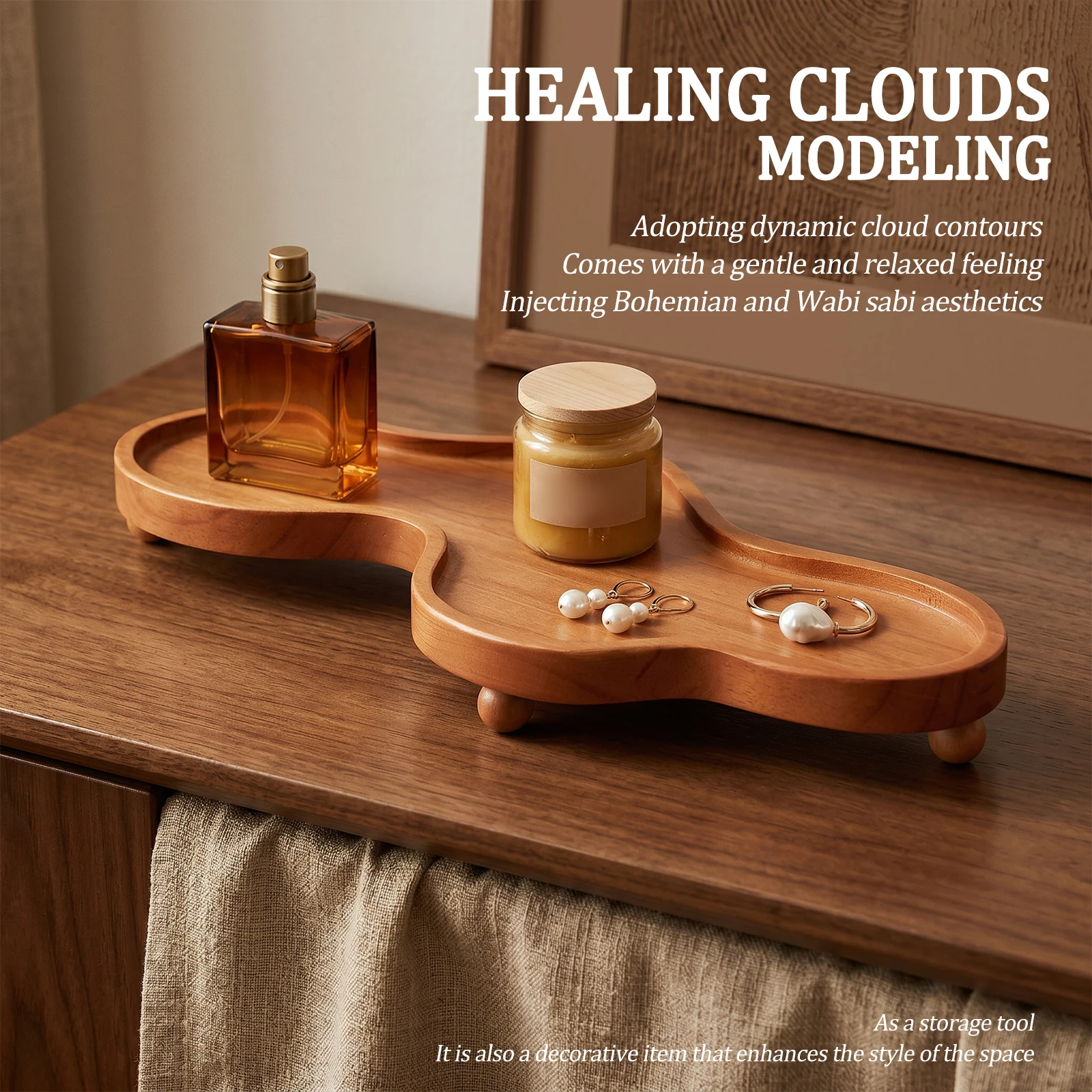 Wooden Serving Tray Cloud Shaped Jewelry Tray Creative Irregular Wooden Key Perfume Plate Decorative Home Desktop Storage Tray view 2