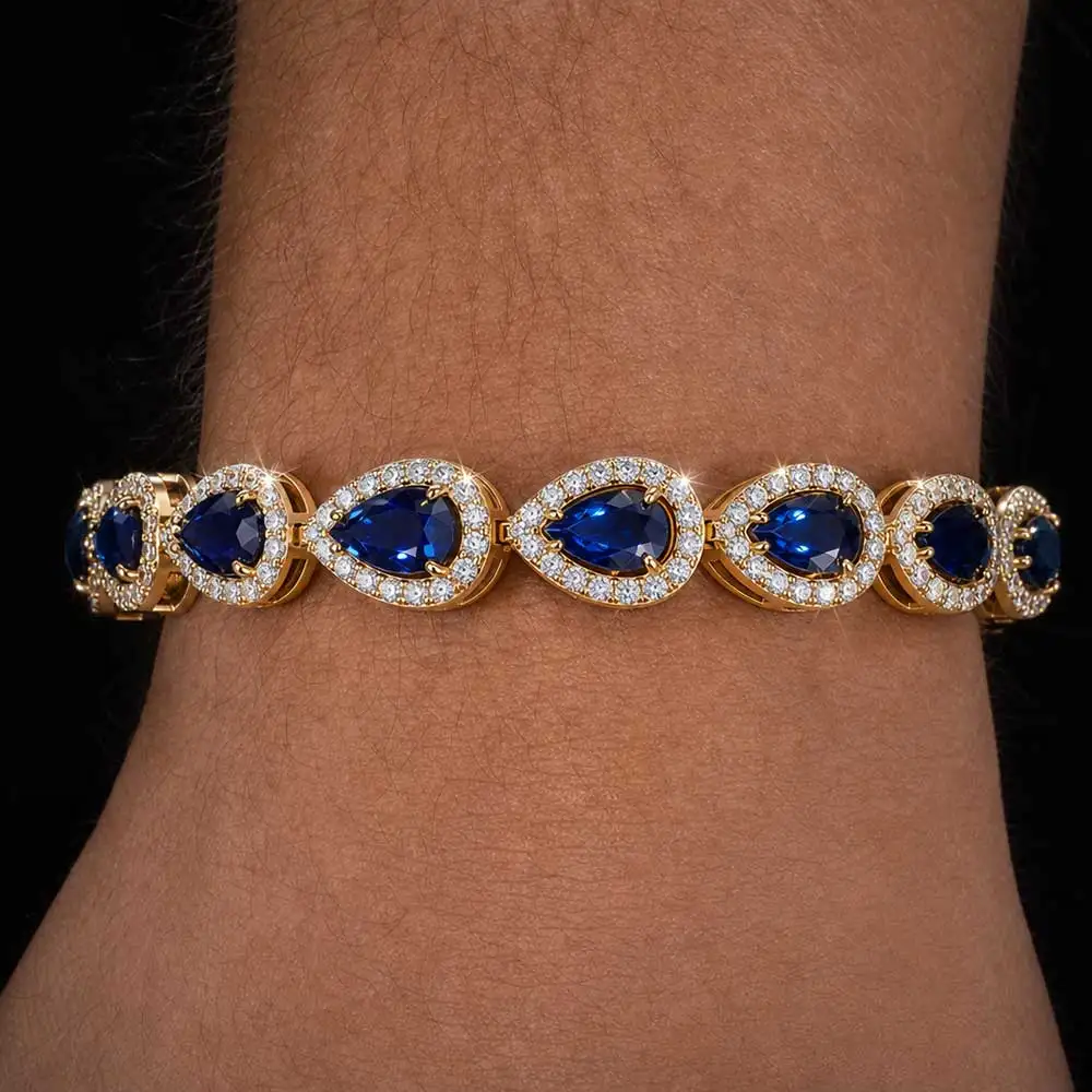 HHIOK Men Women Teardrop Halo Stainless Steel Bracelet Iced Out 7mm Red/Blue Gemstone Cubic Zirconia Waterproof Wedding Jewelry - view 5
